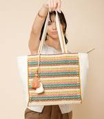 folklore edit ivory & multi cotton striped sequined tote bag