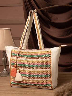 folklore edit ivory & multi cotton striped sequined tote bag 3