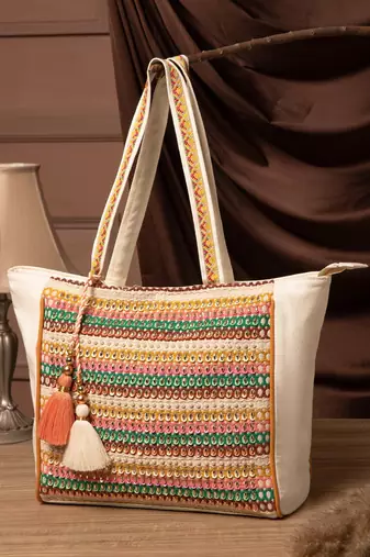 folklore edit ivory & multi cotton striped sequined tote bag
