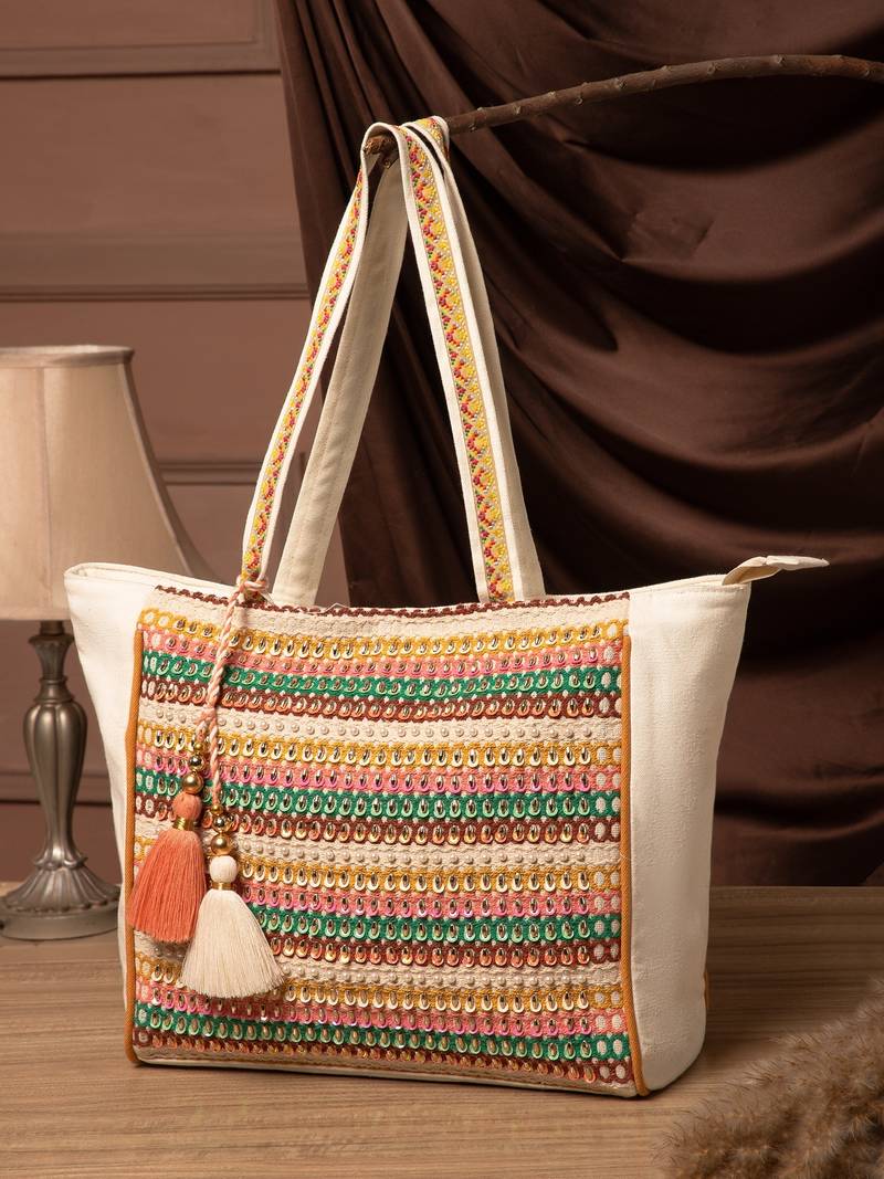 folklore edit ivory & multi cotton striped sequined tote bag