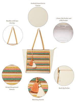 folklore edit ivory & multi cotton striped sequined tote bag 4
