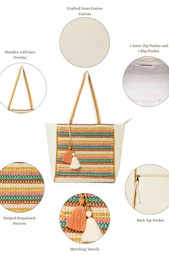folklore edit ivory & multi cotton striped sequined tote bag