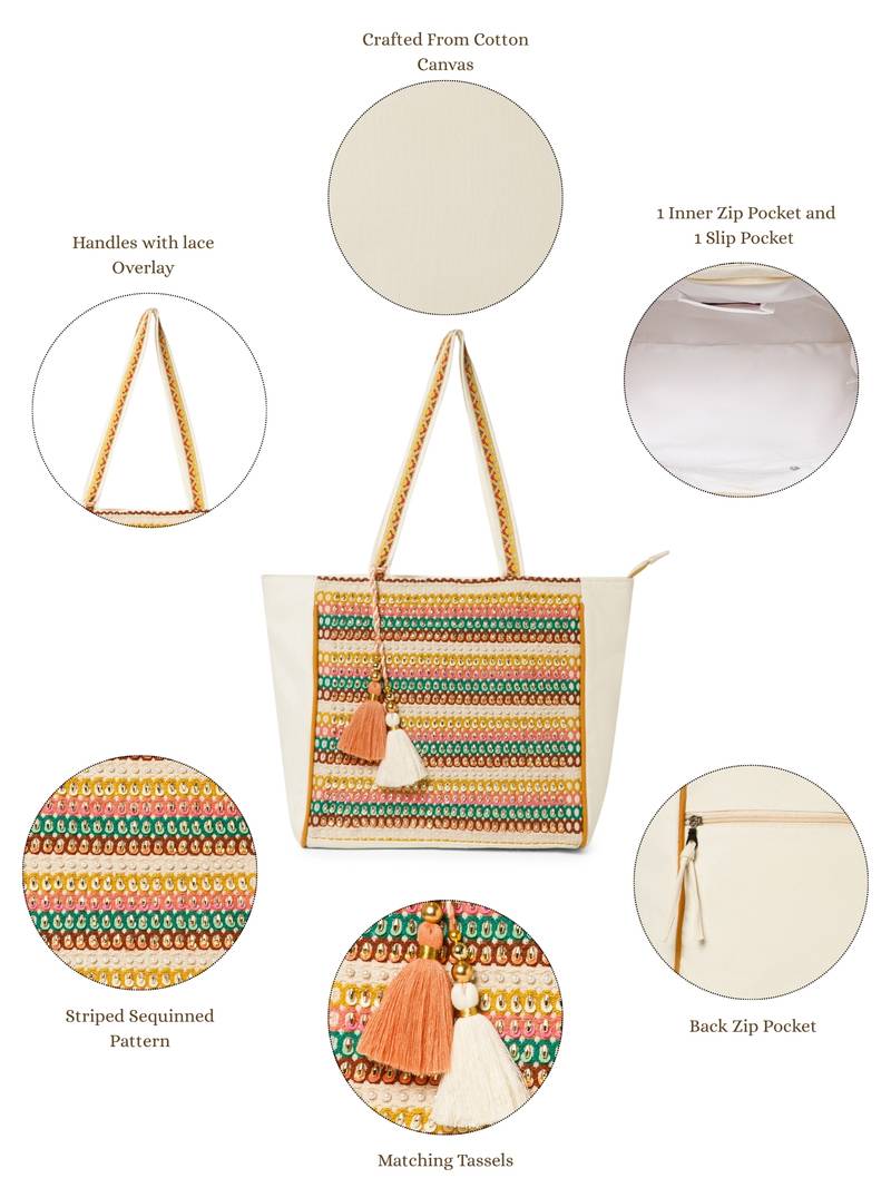 folklore edit ivory & multi cotton striped sequined tote bag