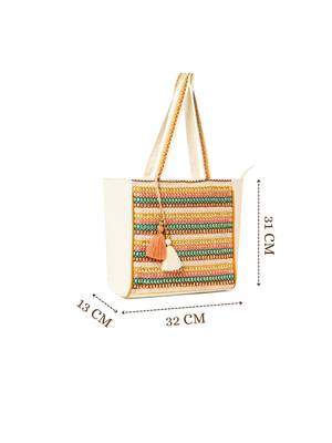 folklore edit ivory & multi cotton striped sequined tote bag 5
