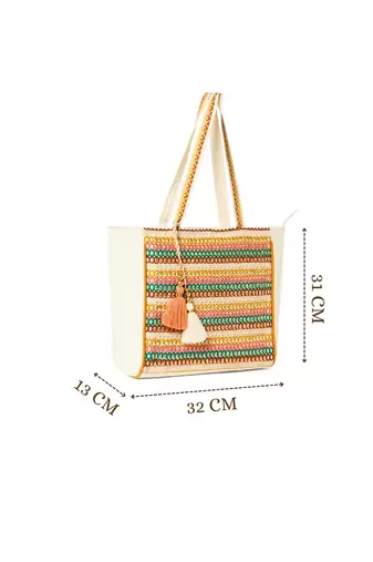 folklore edit ivory & multi cotton striped sequined tote bag