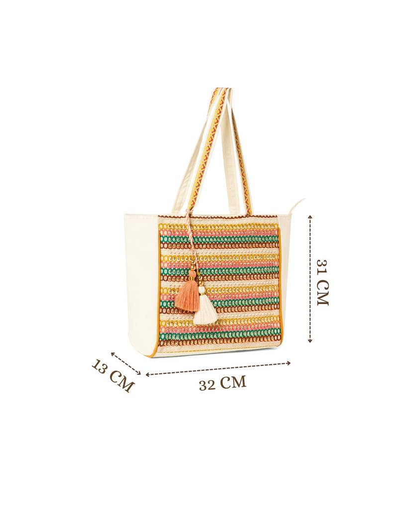 folklore edit ivory & multi cotton striped sequined tote bag