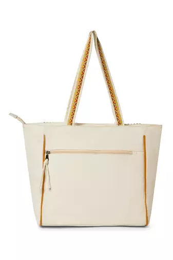 folklore edit ivory & multi cotton striped sequined tote bag