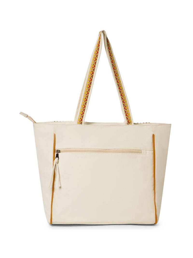 folklore edit ivory & multi cotton striped sequined tote bag