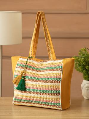 folklore edit mustard yellow & multi cotton striped sequined tote bag 1