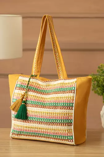 folklore edit mustard yellow & multi cotton striped sequined tote bag
