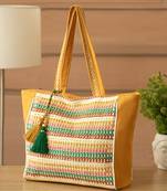 folklore edit mustard yellow & multi cotton striped sequined tote bag