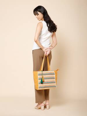 folklore edit mustard yellow & multi cotton striped sequined tote bag 3