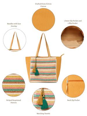 folklore edit mustard yellow & multi cotton striped sequined tote bag 4