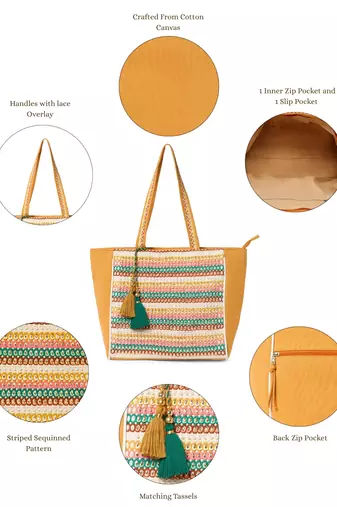 folklore edit mustard yellow & multi cotton striped sequined tote bag