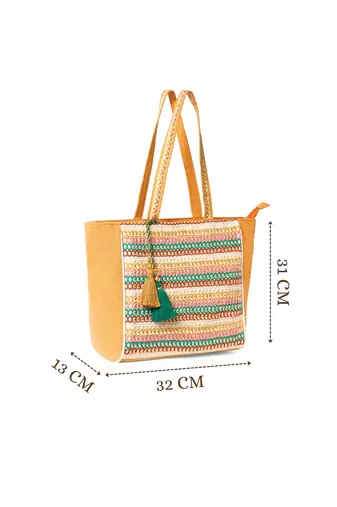 folklore edit mustard yellow & multi cotton striped sequined tote bag
