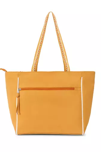 folklore edit mustard yellow & multi cotton striped sequined tote bag