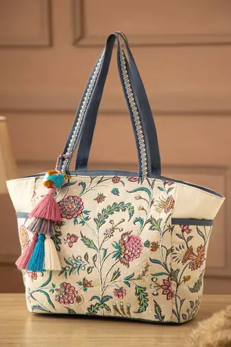 petal posh ivory & navy cotton striped sequined tote bag