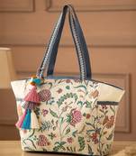 petal posh ivory & navy cotton striped sequined tote bag