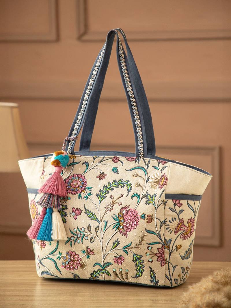 petal posh ivory & navy cotton striped sequined tote bag