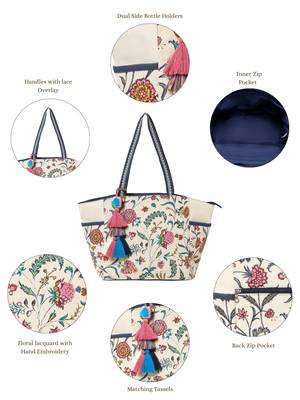 petal posh ivory & navy cotton striped sequined tote bag 4