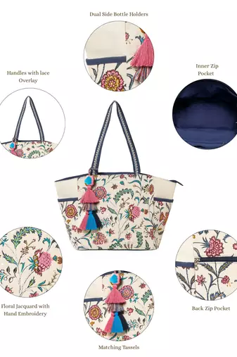 petal posh ivory & navy cotton striped sequined tote bag
