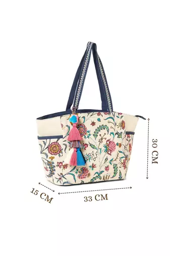 petal posh ivory & navy cotton striped sequined tote bag