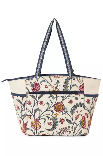 petal posh ivory & navy cotton striped sequined tote bag