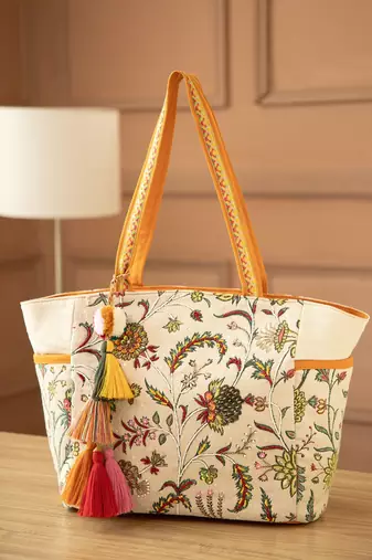petal posh ivory & orange cotton striped sequined tote bag