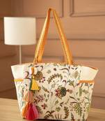 petal posh ivory & orange cotton striped sequined tote bag