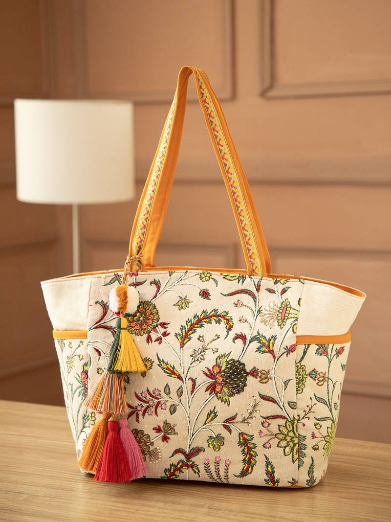 petal posh ivory & orange cotton striped sequined tote bag