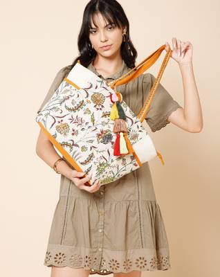 petal posh ivory & orange cotton striped sequined tote bag 3