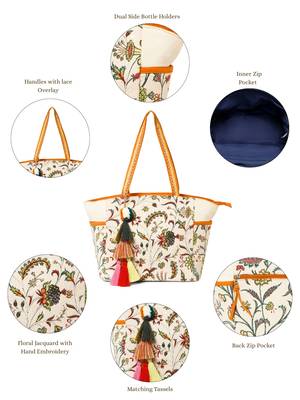 petal posh ivory & orange cotton striped sequined tote bag 4