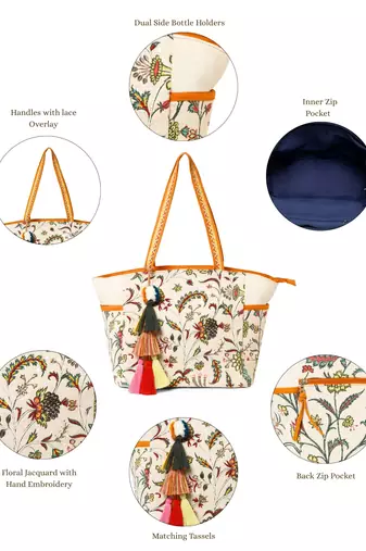 petal posh ivory & orange cotton striped sequined tote bag