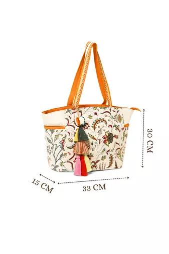 petal posh ivory & orange cotton striped sequined tote bag