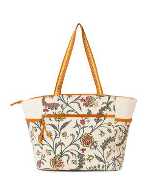 petal posh ivory & orange cotton striped sequined tote bag 6