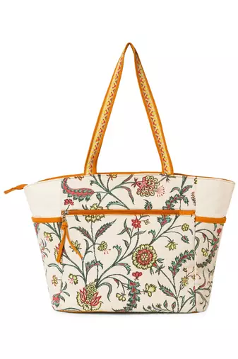 petal posh ivory & orange cotton striped sequined tote bag
