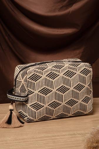 tribal beige & black cotton canvas diamond jacquard travel pouch