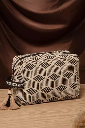 tribal beige & black cotton canvas diamond jacquard travel pouch