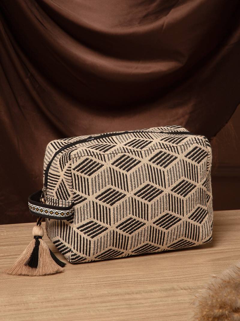 tribal beige & black cotton canvas diamond jacquard travel pouch