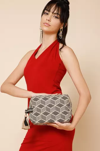 tribal beige & black cotton canvas diamond jacquard travel pouch