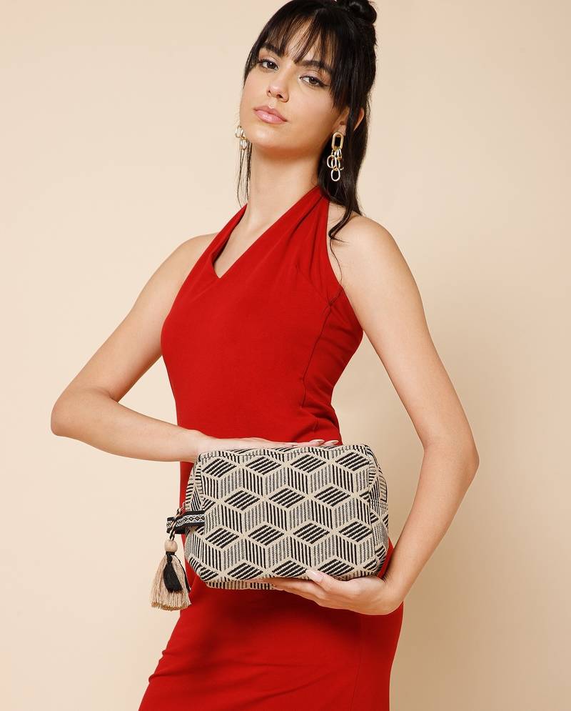 tribal beige & black cotton canvas diamond jacquard travel pouch