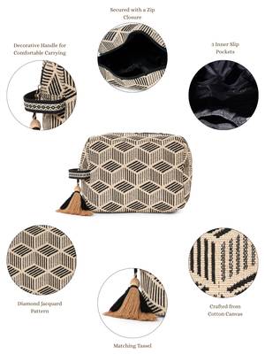 tribal beige & black cotton canvas diamond jacquard travel pouch 4
