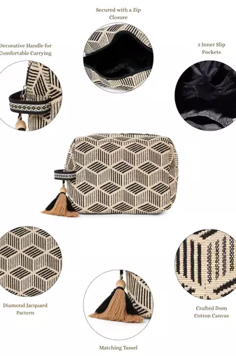 tribal beige & black cotton canvas diamond jacquard travel pouch