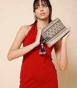 tribal beige & navy cotton canvas tribal jacquard travel pouch