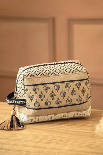tribal beige & navy cotton canvas tribal jacquard travel pouch