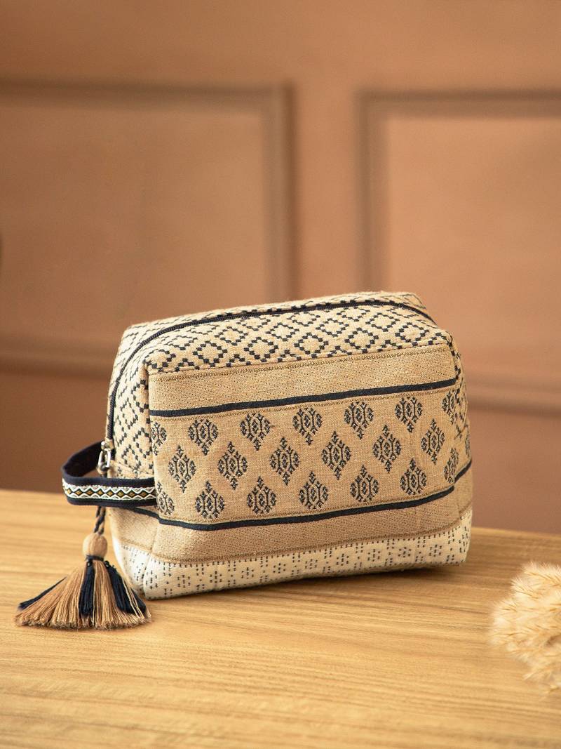 tribal beige & navy cotton canvas tribal jacquard travel pouch