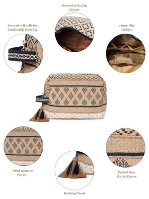 tribal beige & navy cotton canvas tribal jacquard travel pouch 4