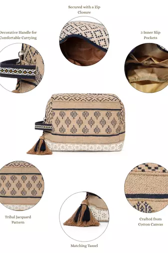 tribal beige & navy cotton canvas tribal jacquard travel pouch