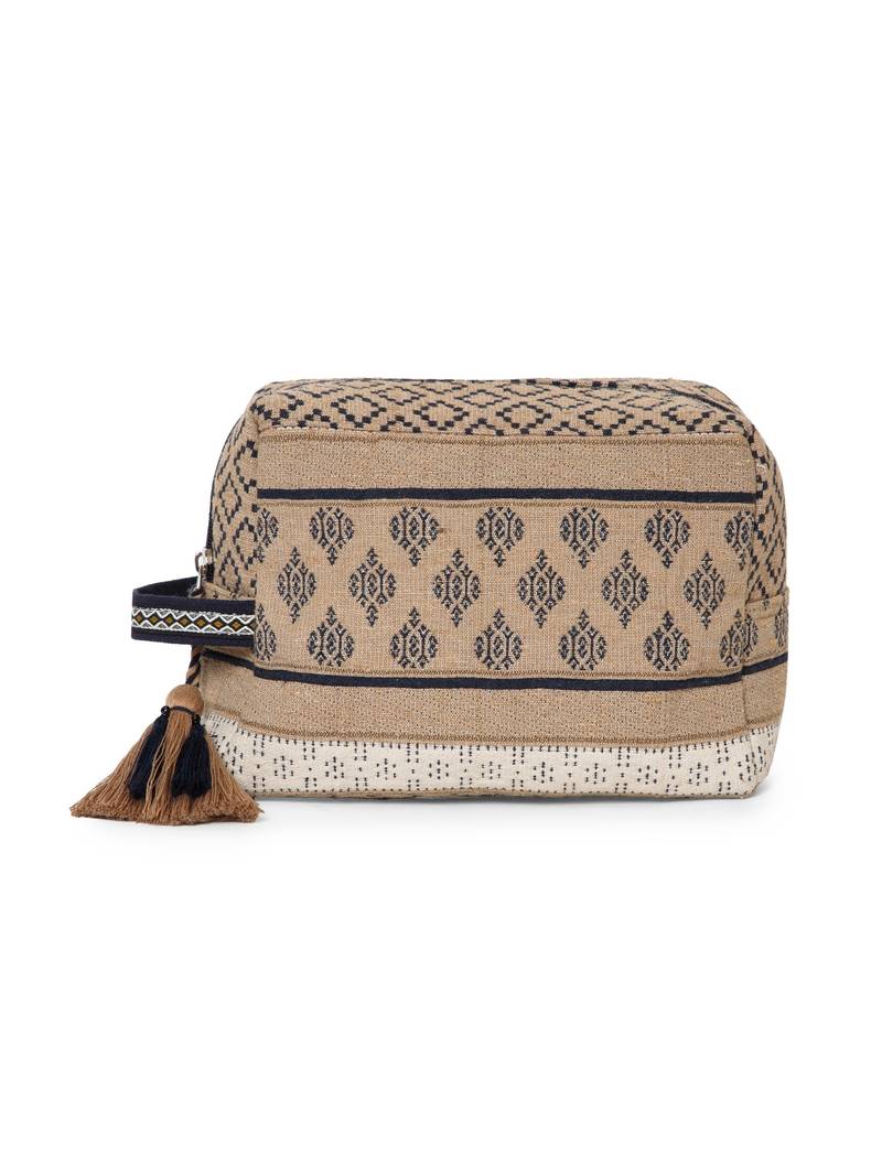 tribal beige & navy cotton canvas tribal jacquard travel pouch
