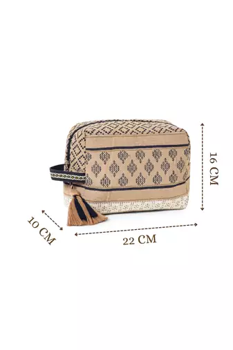 tribal beige & navy cotton canvas tribal jacquard travel pouch